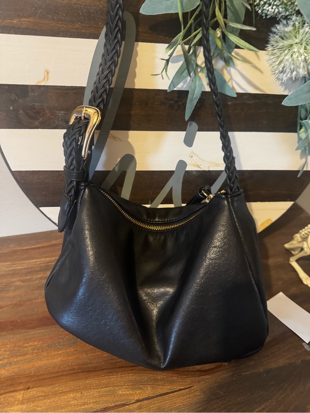 Classic Black Leather Shoulder Bag with Braided Strap